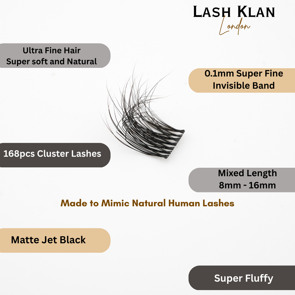 Lash Klan Ultra Fine DIY Lash Clusters – 120pcs, Invisible Band, Mixed Length 8–16mm, 0.05mm Lash Klan